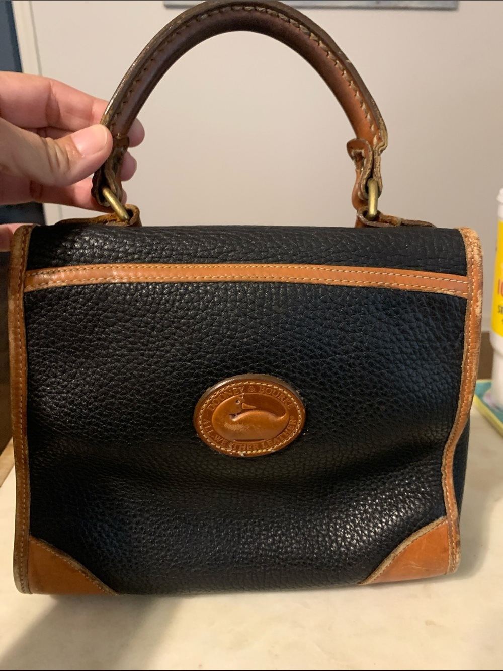 Vintage Dooney & Bourke Black and Tan Pebbled Leather Top-Handle Satchel